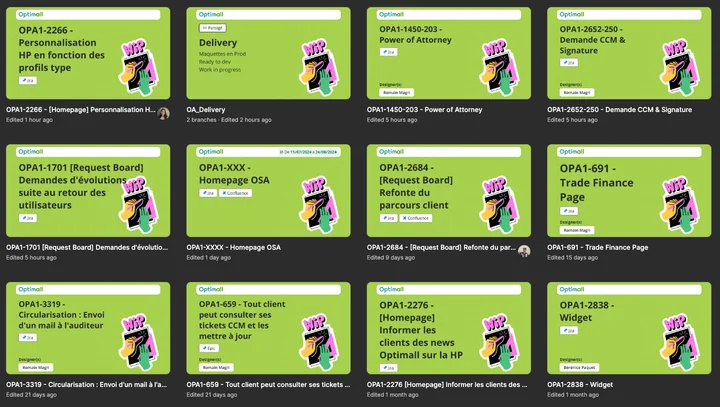 Covers de fichiers Figma organisées par EPIC, chacune portant les informations clés du sujet