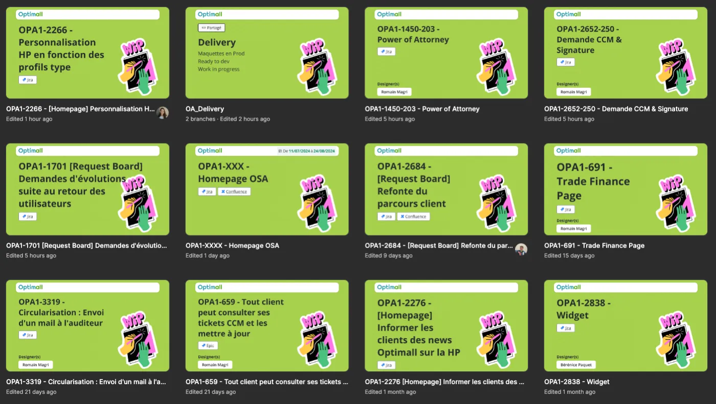 Covers de fichiers Figma organisées par EPIC, chacune portant les informations clés du sujet