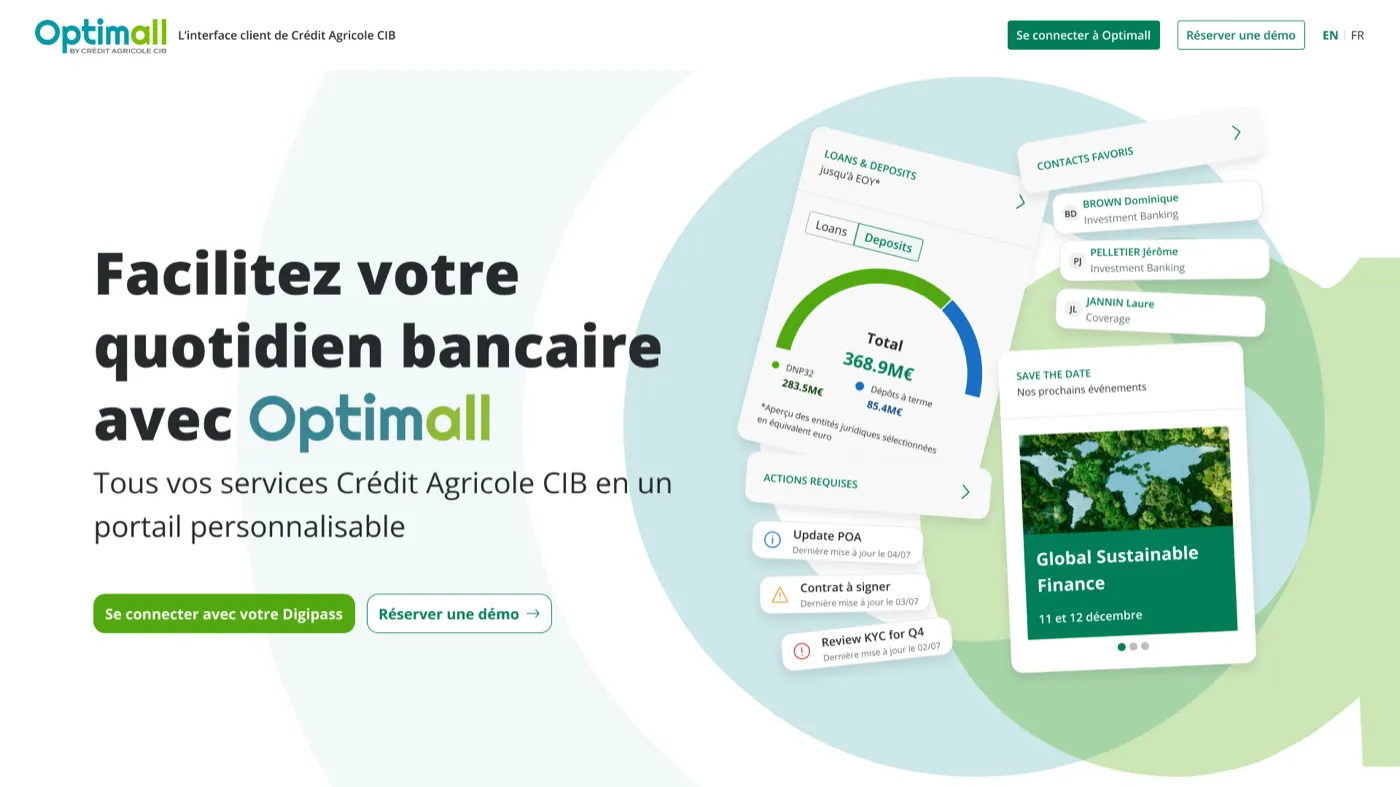 Écran d’accueil d’Optimall montrant les widgets de services personnalisables