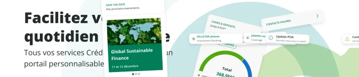 Hero du portail Optimall : « Facilitez votre quotidien bancaire », avec un aperçu des widgets de services