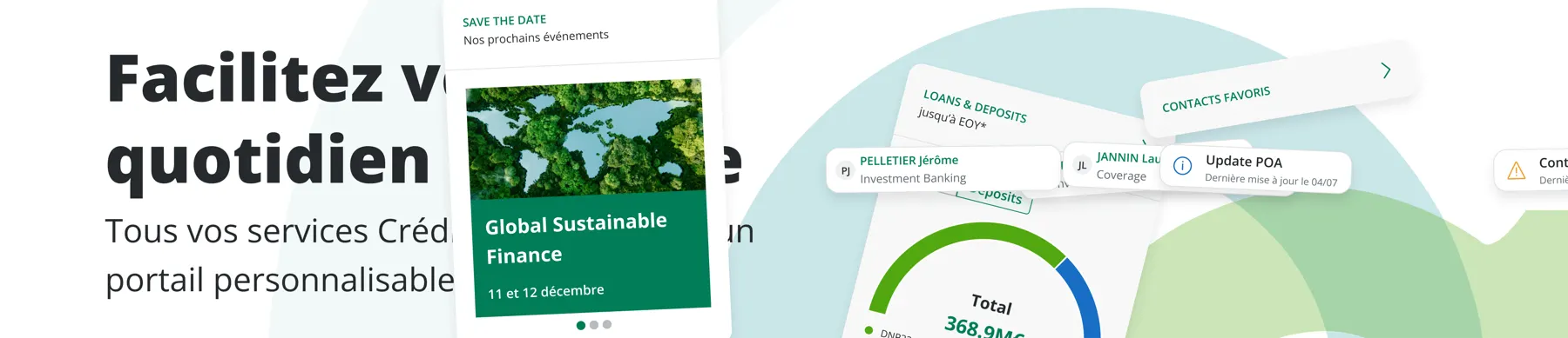 Hero du portail Optimall : « Facilitez votre quotidien bancaire », avec un aperçu des widgets de services