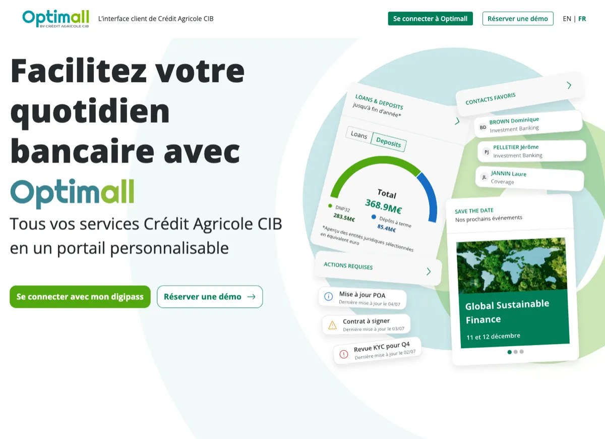 Capture du portail Optimall du Crédit Agricole CIB, page d’accueil personnalisable