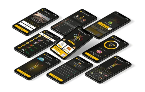 Écrans mobiles de la web app gaming France Info, aux couleurs jaune et noir