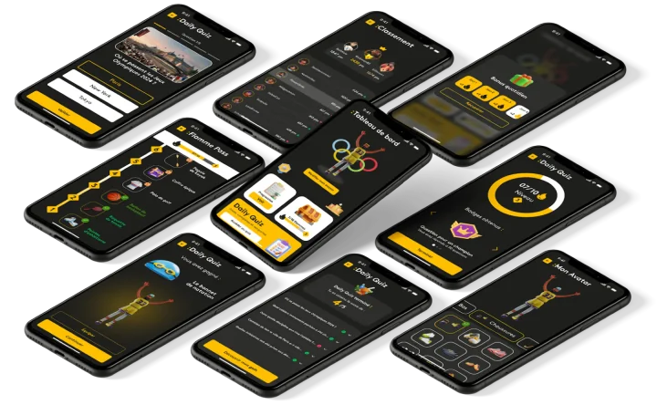 A set of mobile screens from the France Info gaming web app, shown in perspective