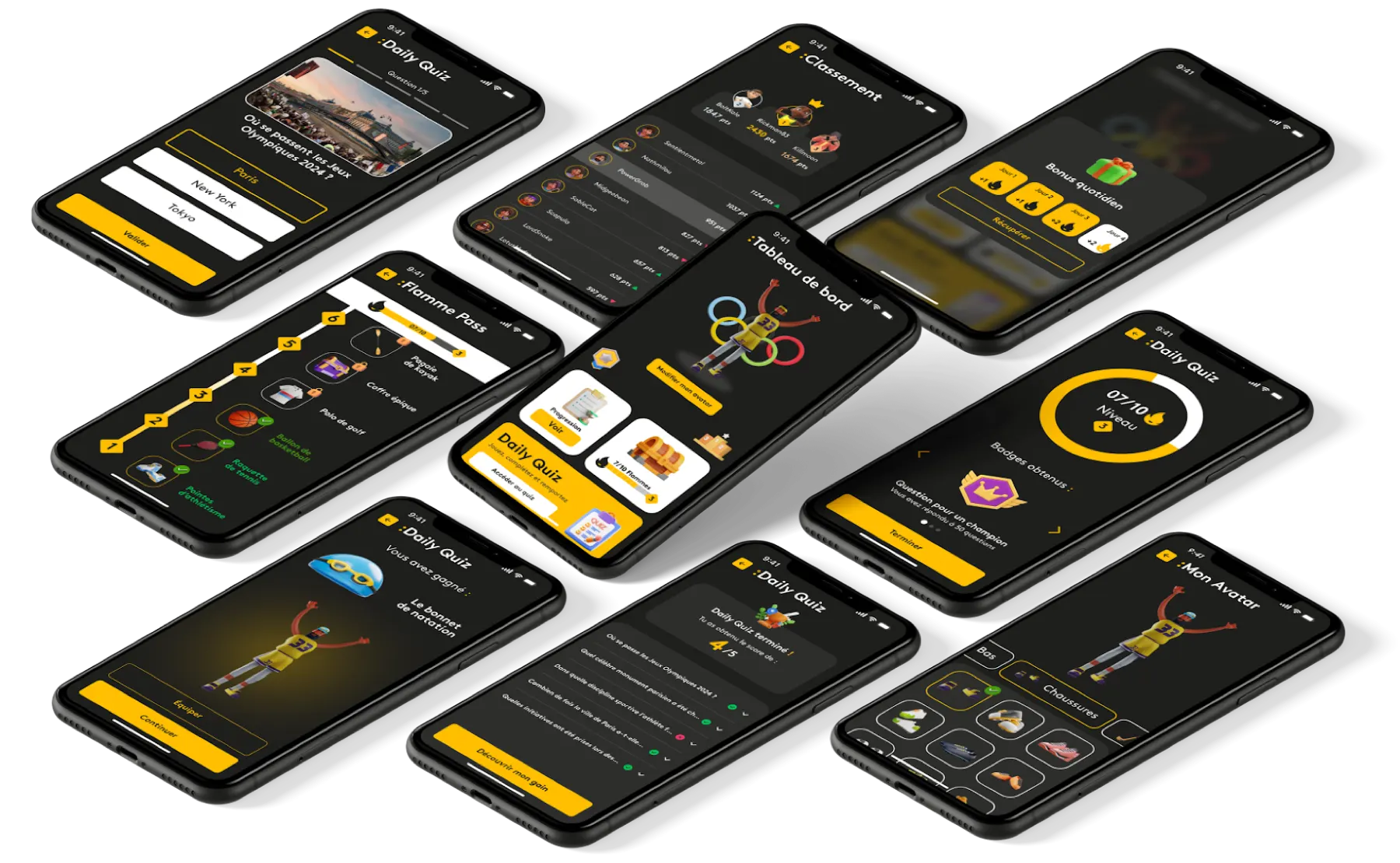 Ensemble d’écrans mobiles de la web app gaming France Info présentés en perspective