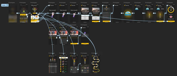 Navigation flows of the France Info gaming web app, from splash screen to game screens