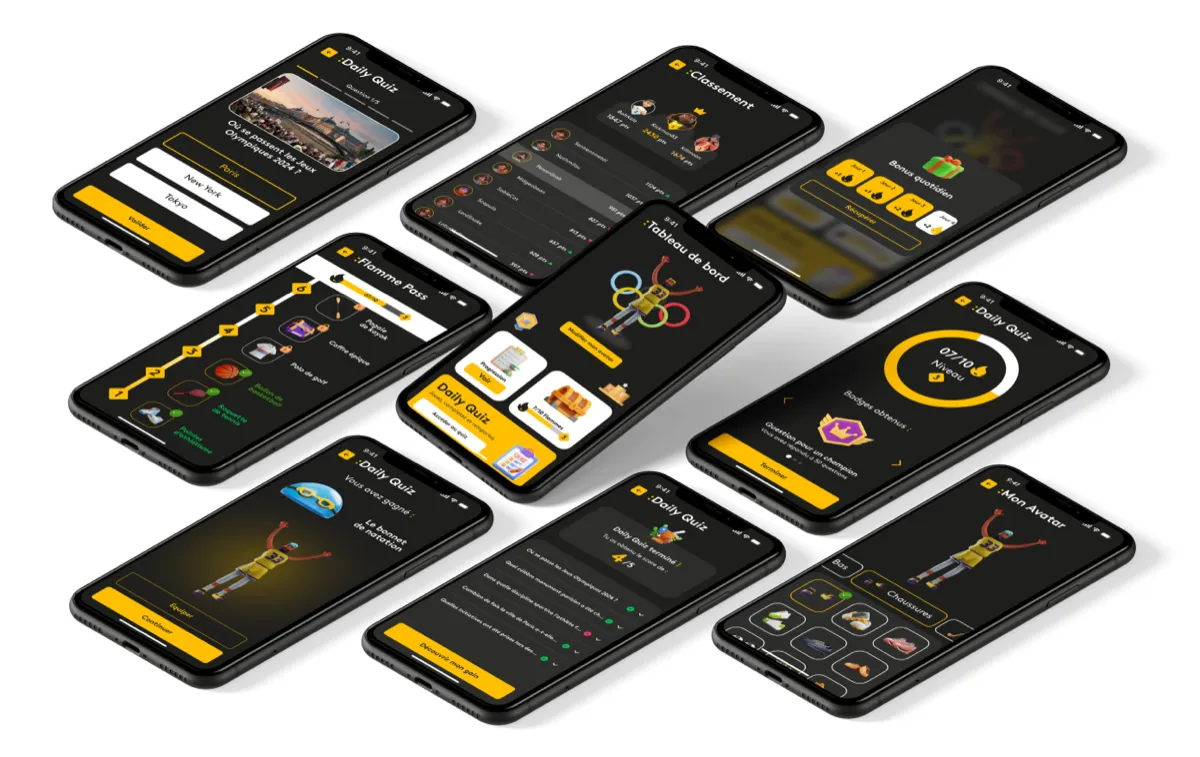 Écrans mobiles de la web app gaming France Info, aux couleurs jaune et noir