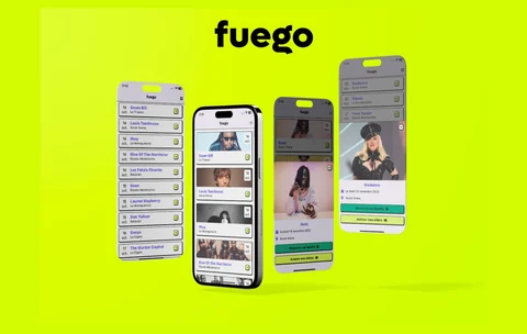 Écrans mobiles de l’application Fuego sur un aplat vert, présentant des concerts à Paris