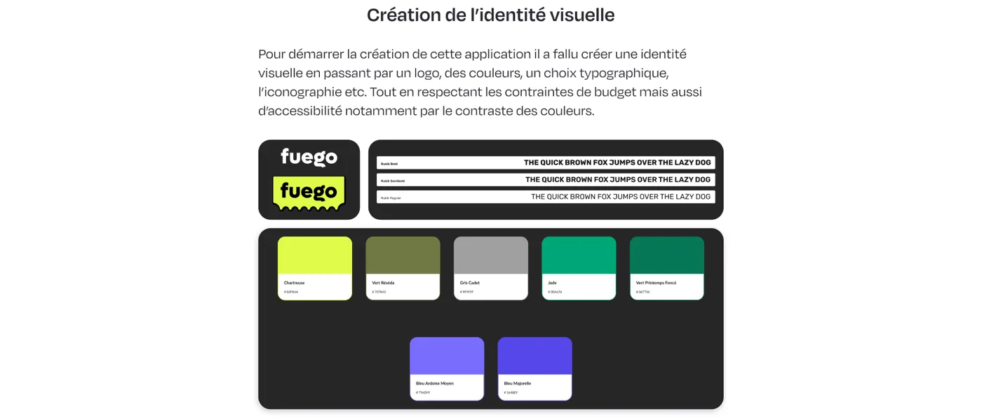 Identité visuelle Fuego : logotype, palette de couleurs et specimens typographiques Rubik Bold, Rubik Semibold et Rubik Regular, chacun composé sur la phrase « The quick brown fox jumps over the lazy dog »