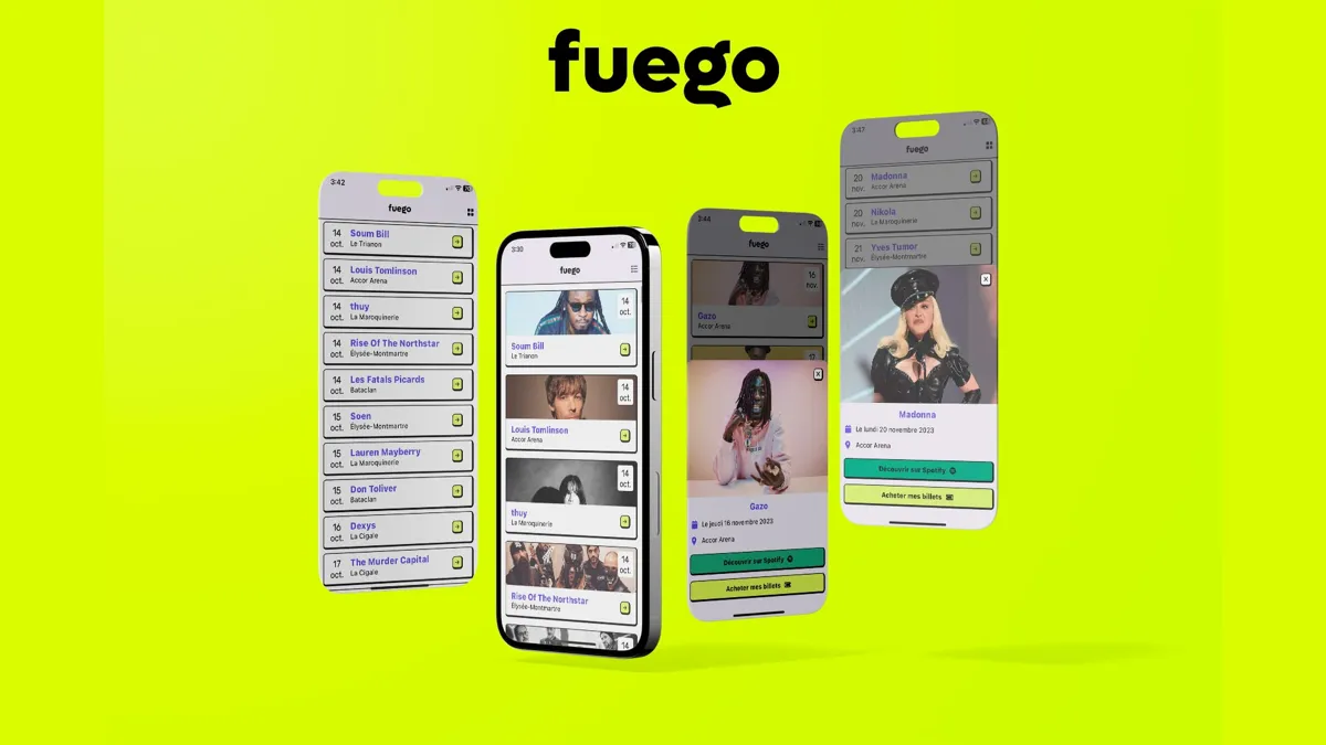 Écrans mobiles de l’application Fuego sur un aplat vert, présentant des concerts à Paris